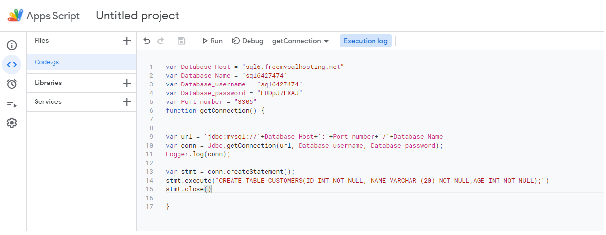 connect mysql to google sheets - Create Table